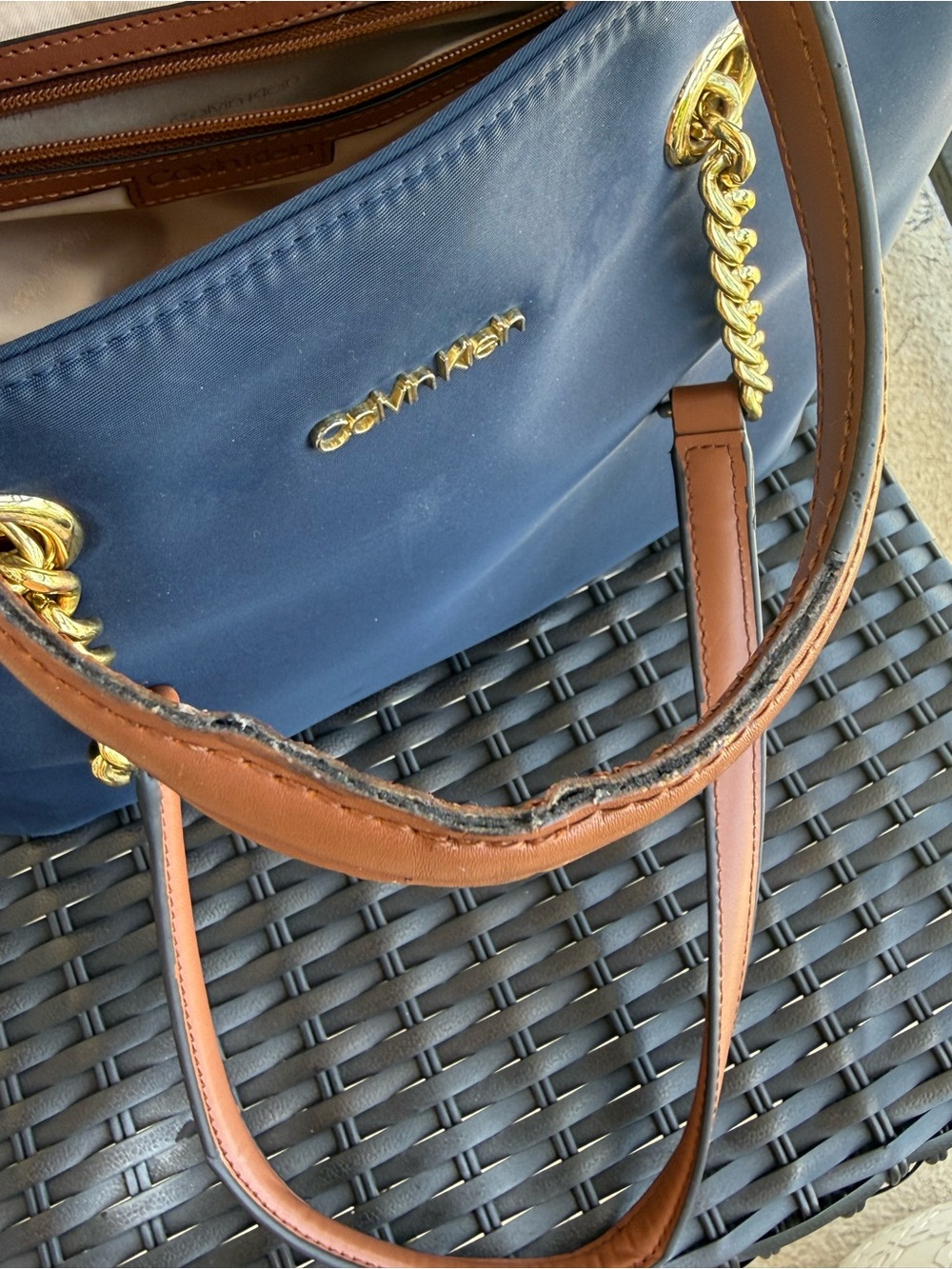Calvin Klein Navy Tote with Brown Handles and Gold Hardware - Picture 9 of 10